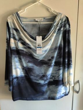 Calvin Klein Blue Marble-Print Long Sleeve Blouse